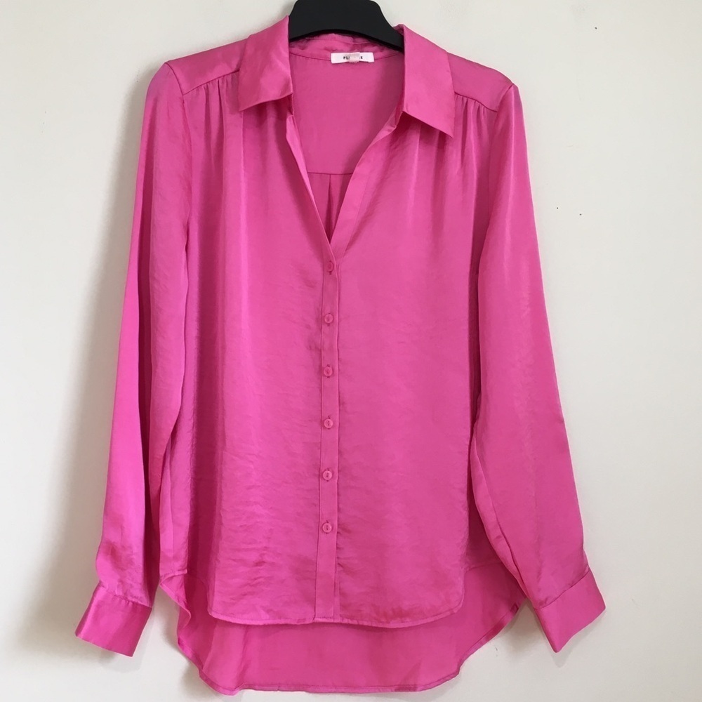 Pleione Y2KFuchsia Pink satin silky soft button up long sleeve shirt